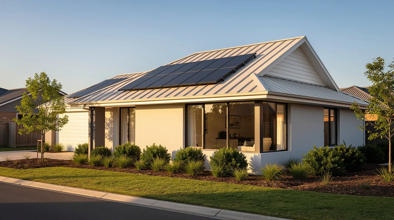 A residential house features a light-colored metal roof with solar panels integrated into a standing seam system, surrounded by lush green landscaping. The durable metal roofing provides energy efficiency and is designed to withstand severe weather conditions.