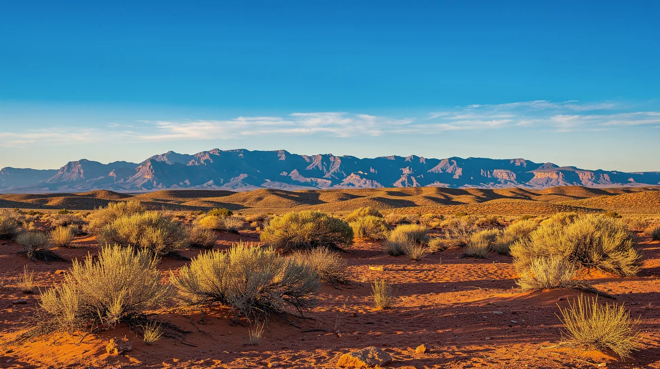 The image depicts a sunlit desert landscape in New Mexico, showcasing expansive open skies and distant mountains, embodying the serene beauty of the region. This picturesque setting is reminiscent of the natural environment where hemp plants, including cannabis sativa, are cultivated under the legal provisions of the New Mexico hemp manufacturing act.