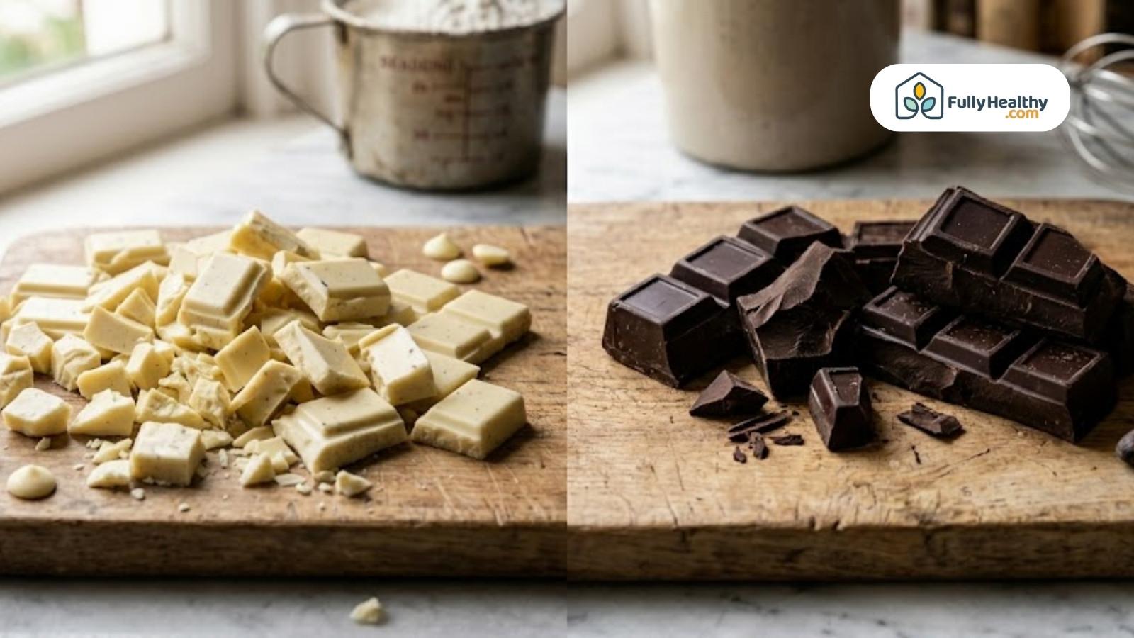 Chopped white and dark chocolate pieces displayed side by side