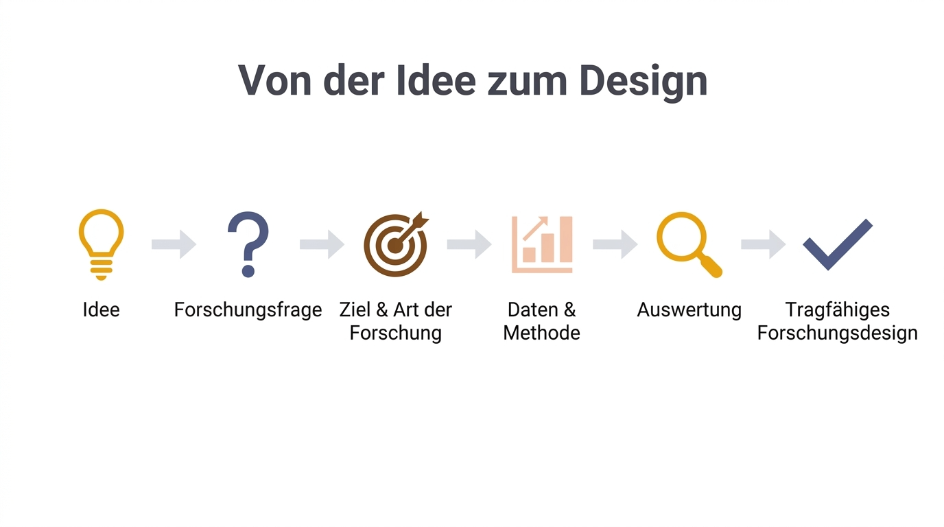 Infografik zum Weg von der Idee zum Forschungsdesign: Idee, Forschungsfrage, Ziel und Art der Forschung, Daten und Methode, Auswertung und tragfähiges Forschungsdesign.