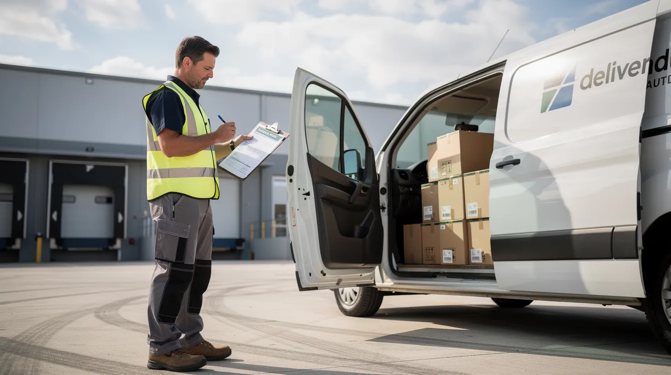 A driver is inspecting a vehicle with a clipboard during the delivery process, ensuring that everything is in order for reliable auto transport in South Carolina. The scene highlights the meticulous nature of car shipping services, emphasizing the importance of vehicle inspection before transport.