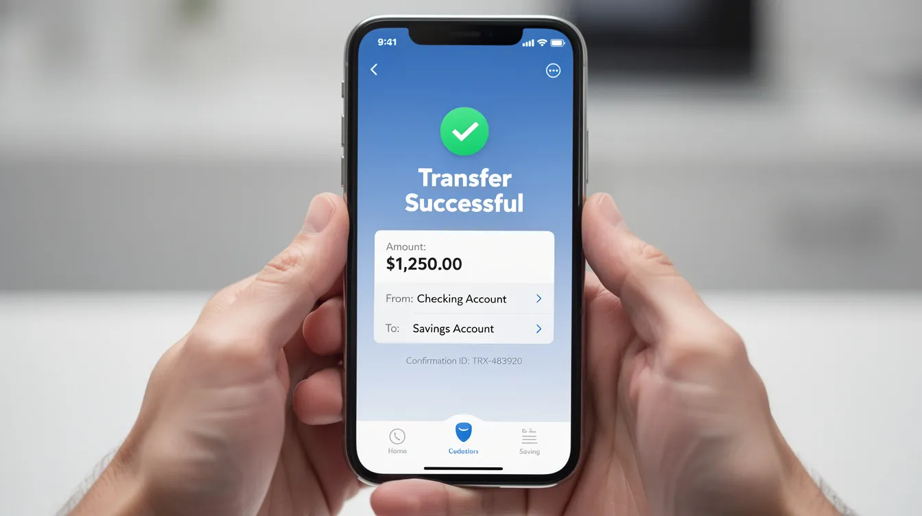The image shows a pair of hands holding a smartphone displaying a banking transfer confirmation screen, indicating a successful transaction. This visual emphasizes the ease of online banking and the convenience of managing finances, relevant for those considering options like 小額 貸款 or 申請 貸款.
