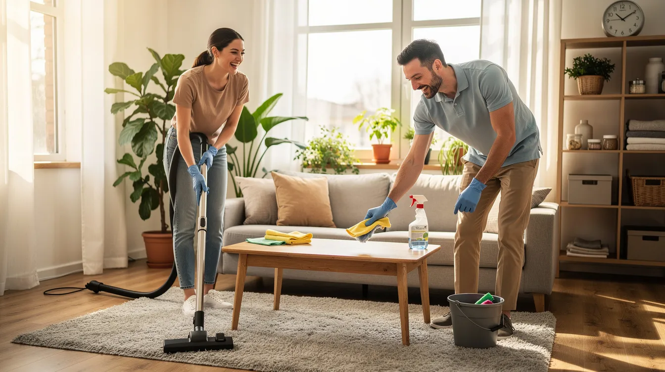 A happy couple is cleaning their house together, smiling and enjoying each other's company, which reflects their healthy relationship and strong emotional connection. This quality time spent together not only helps maintain their home but also strengthens their bond and mutual respect.