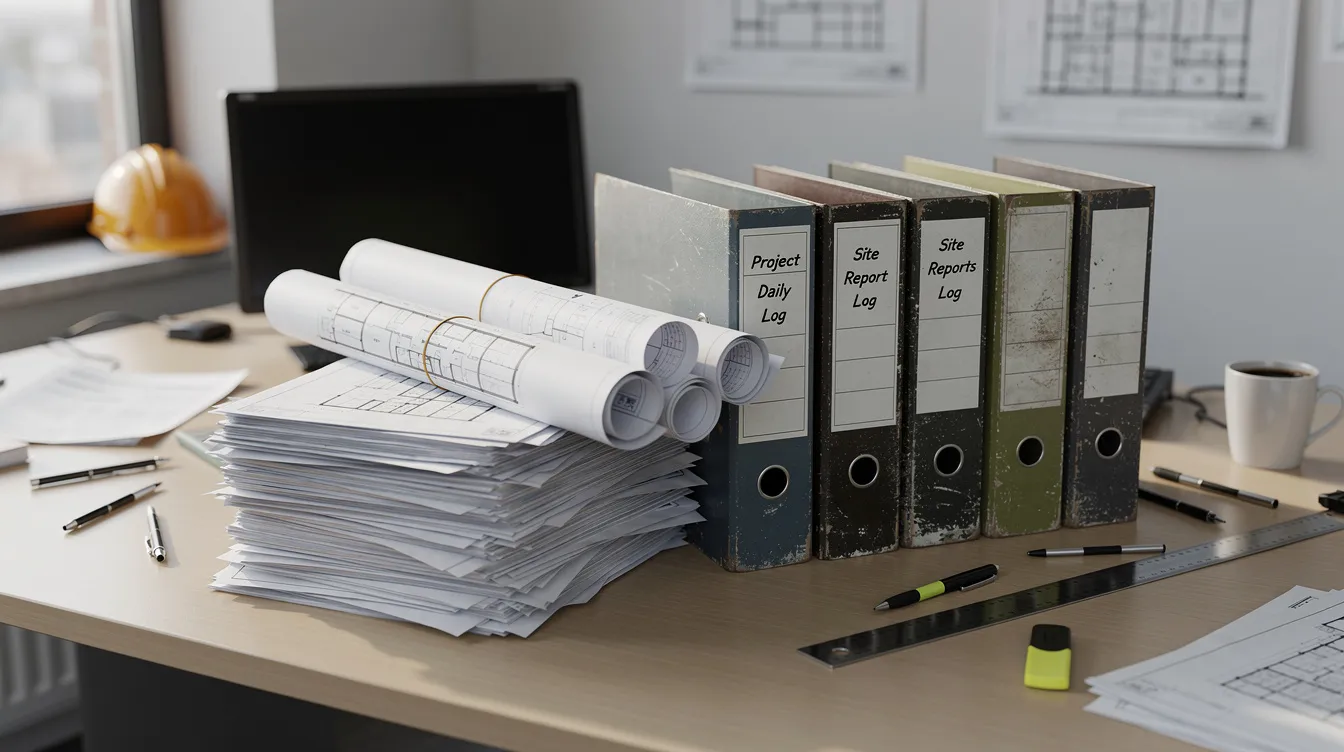 A stack of construction project documents, including blueprints and daily log binders, rests on an office desk, symbolizing the intricate planning and management required in the construction industry. These documents are essential for addressing construction delay claims and ensuring adherence to project schedules and completion dates.