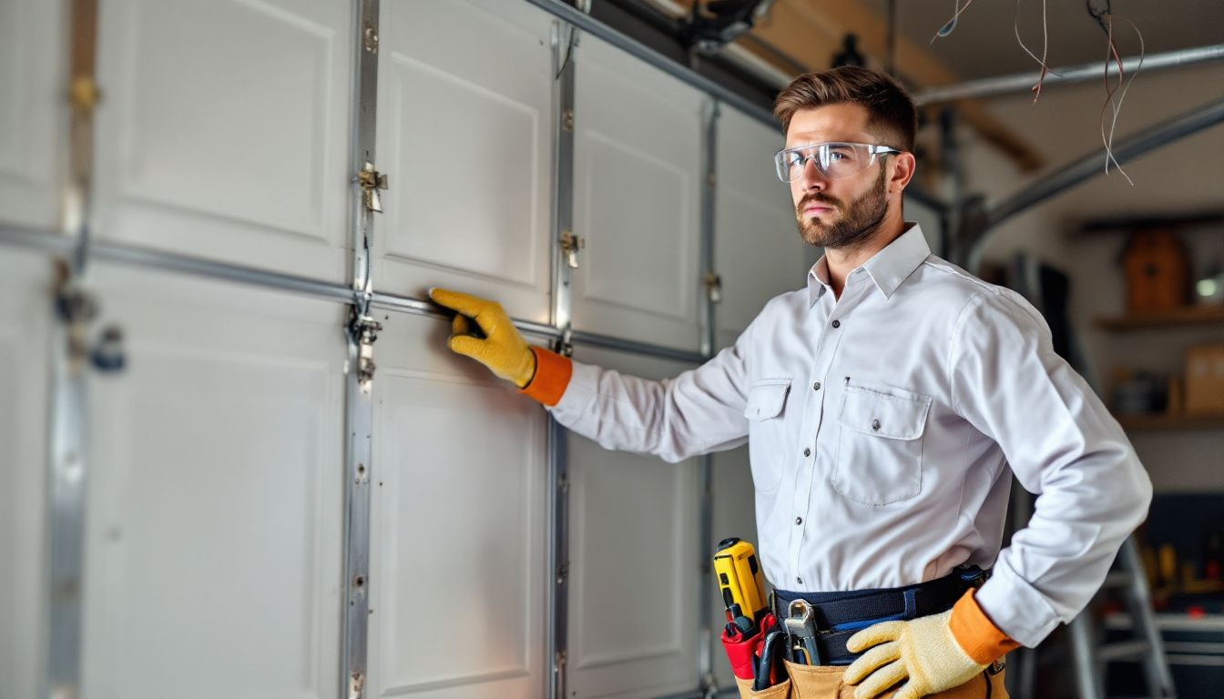 Professional technician inspecting garage door, explaining when it's time to call for professional assistance.