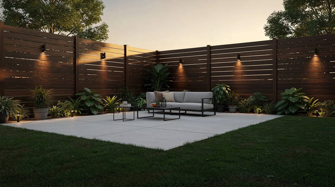 The image features a modern horizontal cedar fence with a dark stain, encircling a stylish patio area, creating a perfect outdoor space. This wooden fence enhances the aesthetics of the home's exterior while providing privacy and security.