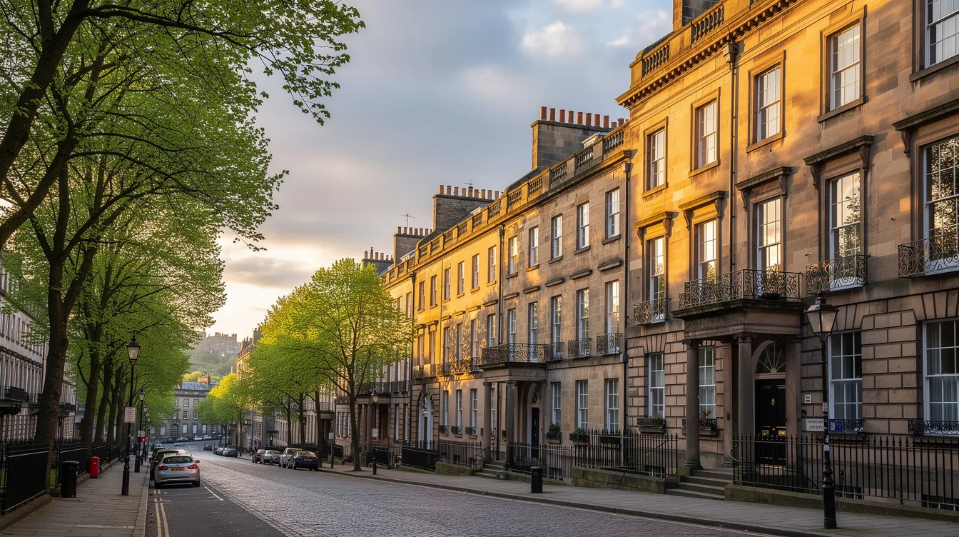 The image depicts elegant Georgian townhouses lining a tree-lined street in Edinburgh's New Town, showcasing the historic architecture that characterizes this area. This prime location offers easy access to Edinburgh city centre, making it an ideal spot for visitors seeking serviced apartments in Edinburgh for a comfortable stay.