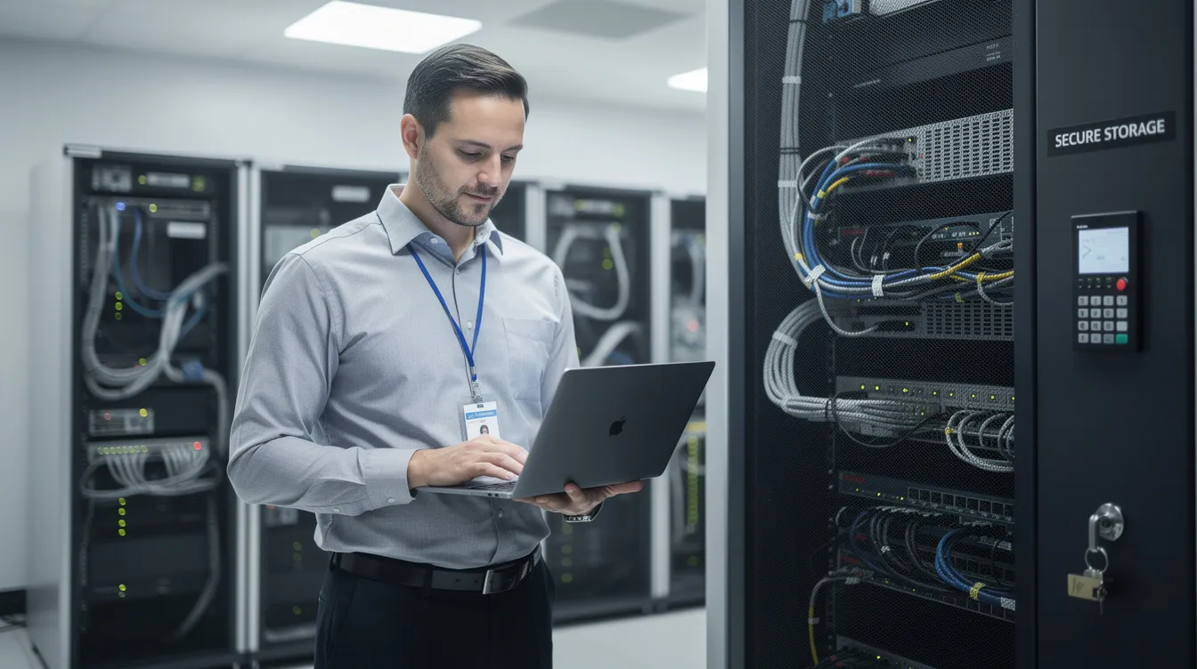 An IT administrator is reviewing a laptop next to secure storage equipment, focusing on performing security verification to ensure the integrity of the smart locker system. The equipment is designed to protect sensitive materials and facilitate user management within the organization.