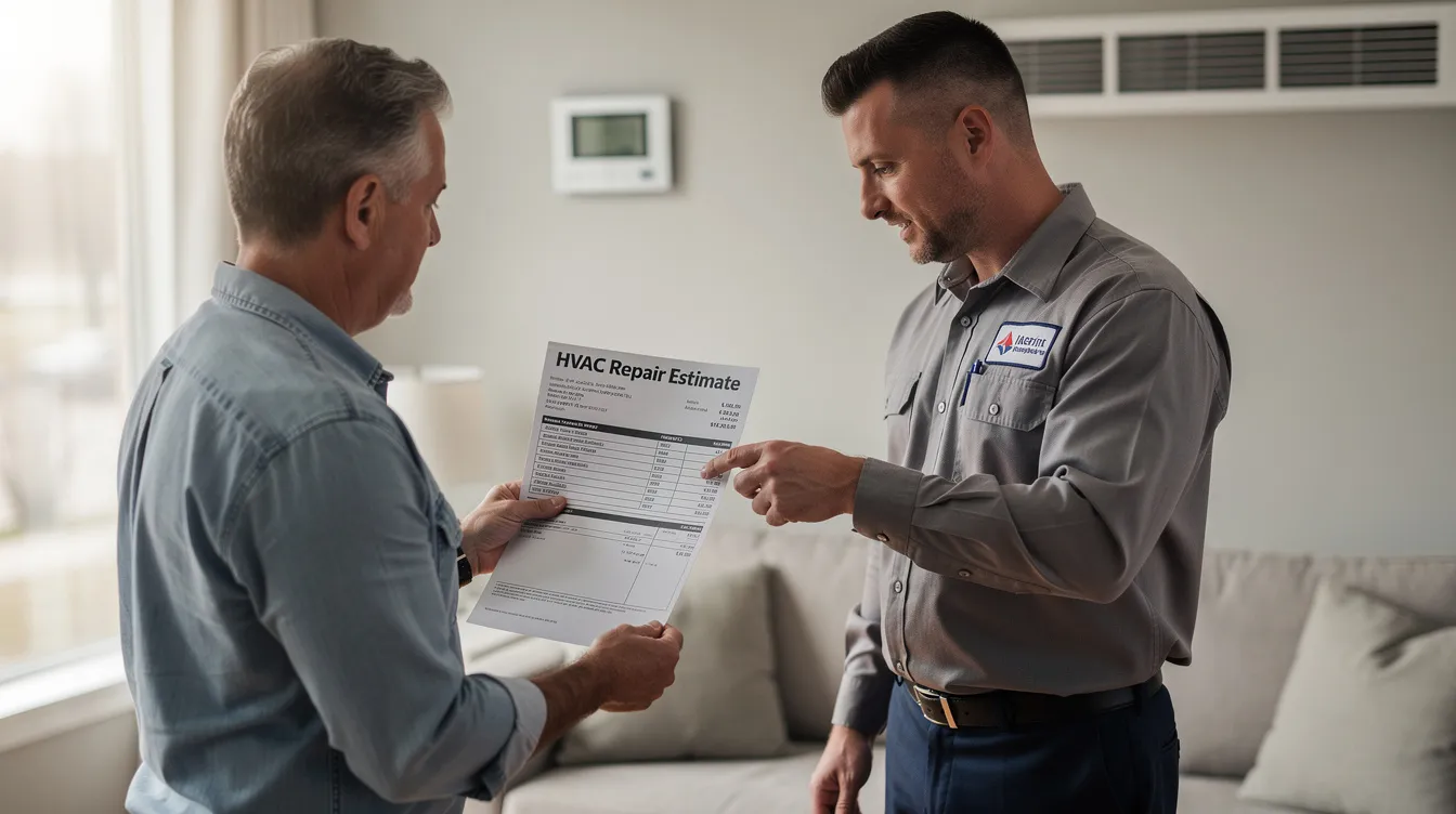 A homeowner is sitting at a table with an HVAC technician, reviewing an estimate for HVAC repair costs related to their air conditioning unit. The technician is explaining the details of the project cost, including potential labor costs and the importance of maintaining energy efficiency for lower energy bills.