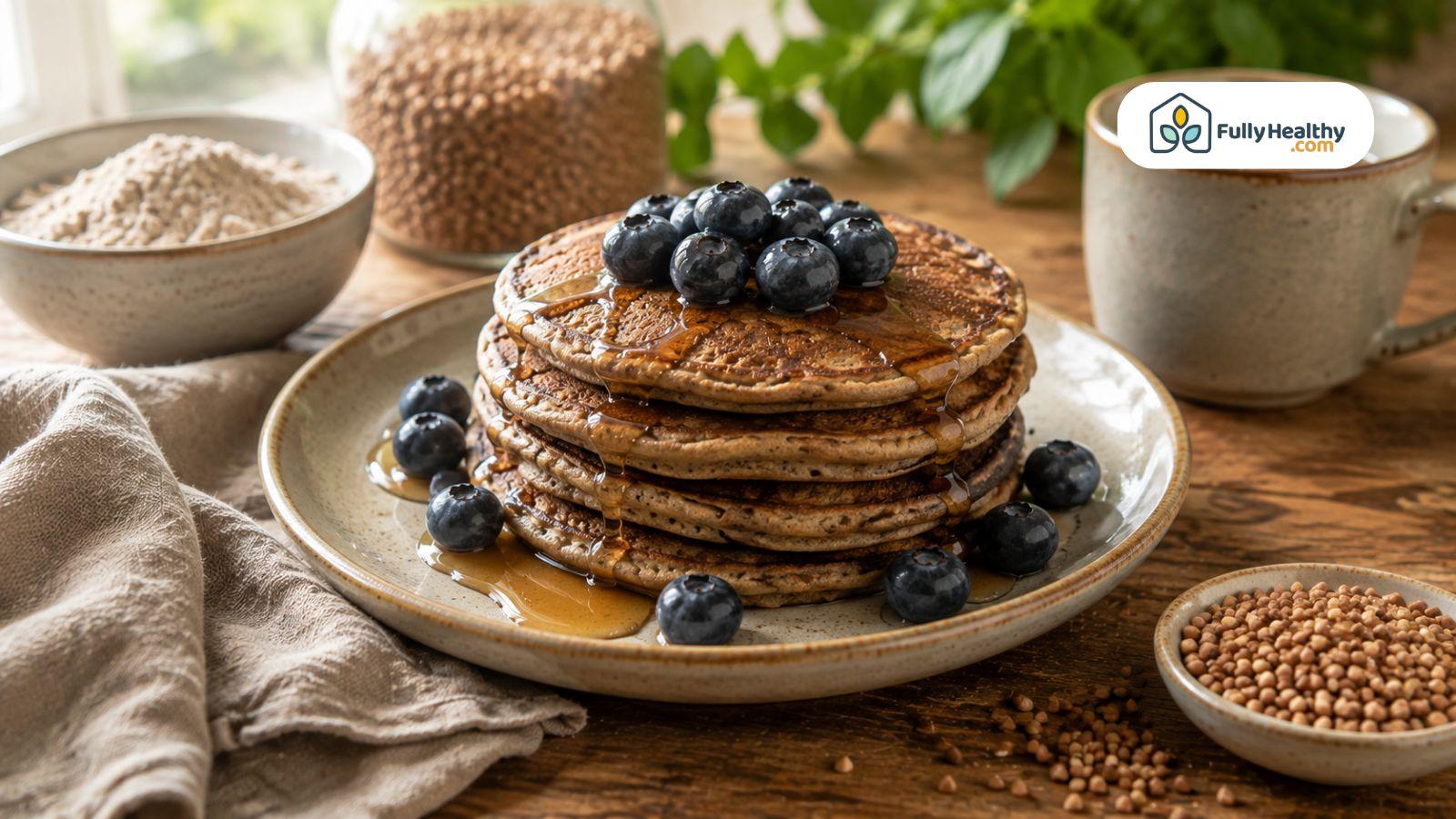 Homemade buckwheat pancakes topped with blueberries and maple syrup for breakfast