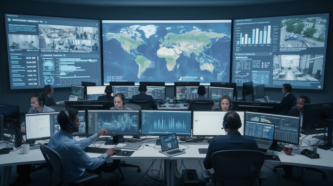 The image depicts a bustling security operations center, where a dedicated data security team monitors multiple screens displaying real-time data protection metrics and alerts related to potential data breaches. Professional staff members are engaged in risk management discussions, ensuring compliance with privacy and cybersecurity regulations.