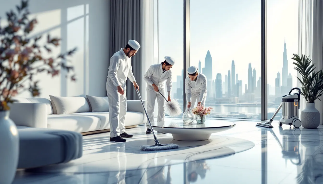 A view of a professional cleaning team at work in a Dubai home, showcasing deep cleaning services.