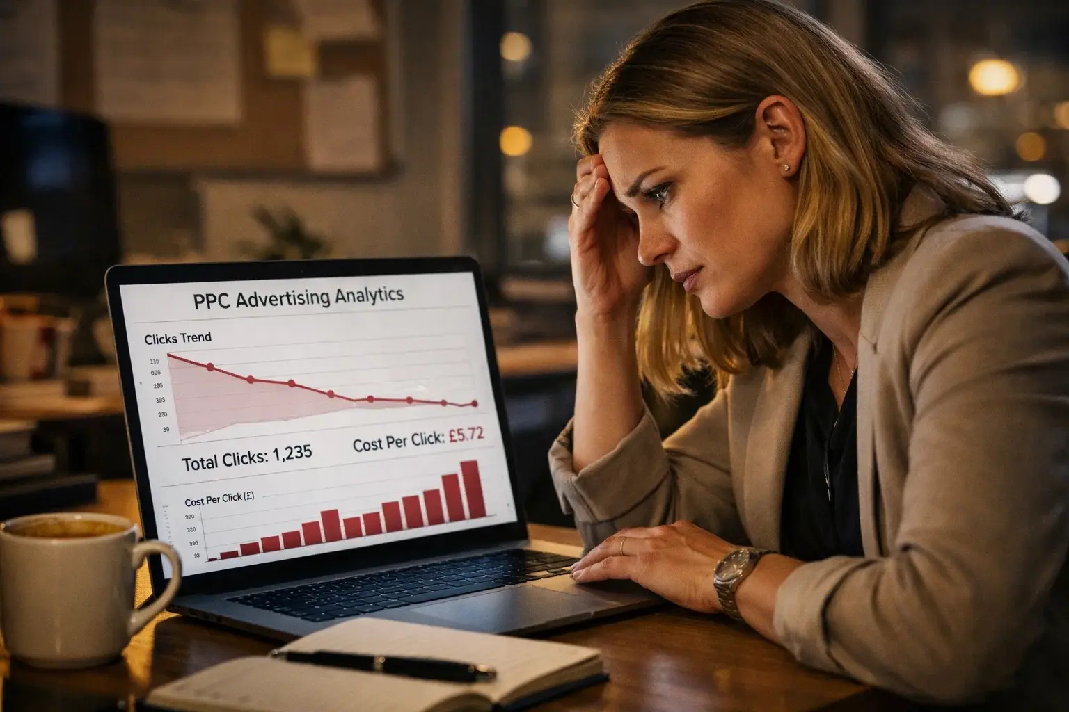 Recruiter analysing underperforming PPC campaign data on laptop