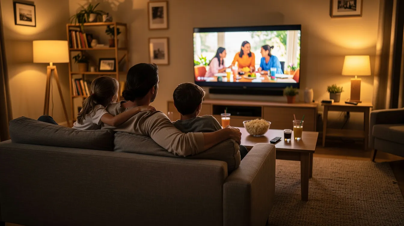 A family is gathered on a comfortable sofa in a warmly lit living room, enjoying a movie on a large television screen that showcases various TV channels. The scene reflects a cozy atmosphere, highlighting the family's shared entertainment experience through streaming services or traditional cable.