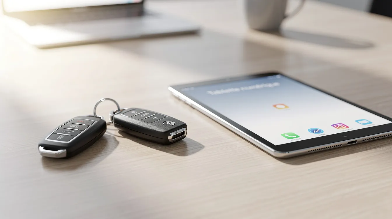 Des clés de voiture posées sur un bureau à côté d'une tablette numérique.
