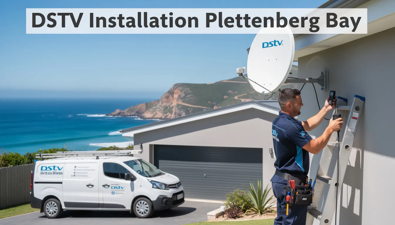 The image depicts a professional DSTV installation service in Plettenberg Bay, showcasing accredited DSTV installers setting up a satellite dish and decoder for optimal signal reception. The scene highlights the technicians' expertise as they ensure multiple channel viewing for customers in the coastal area.
