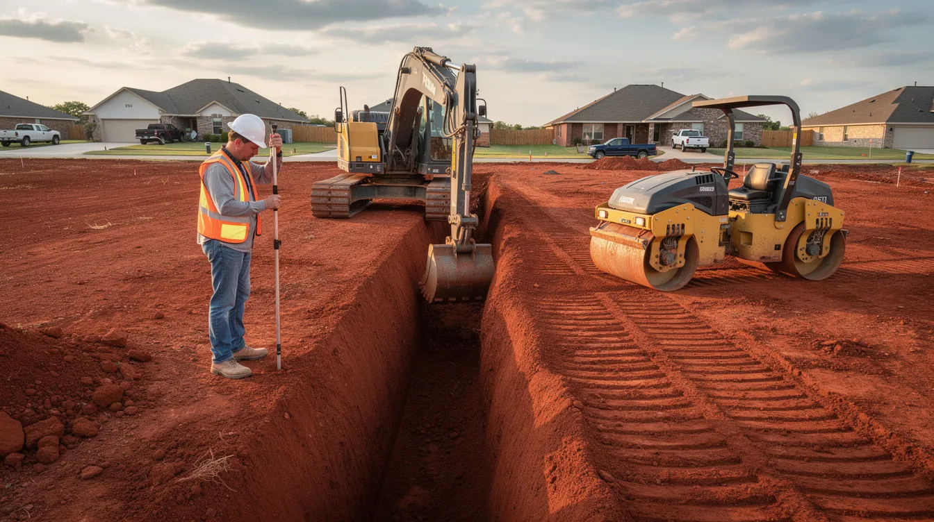 A medium hydraulic excavator is digging a clean, straight foundation trench in dense red clay soil, while a construction foreman checks the trench depth with a digital grade rod. In the background, a yellow compact roller is compacting dirt in uniform lifts, set against a suburban Oklahoma landscape, showcasing precision work essential for proper grading and construction prep.