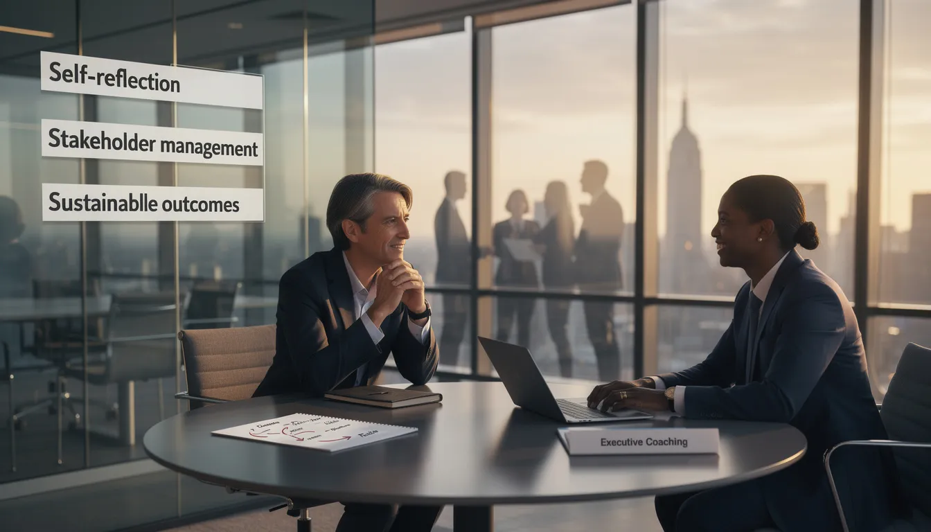 The image illustrates a C-suite executive engaged in a coaching session with a certified coach, emphasizing the importance of selecting the right executive leadership coach for personal and professional development. The scene conveys a supportive environment where the executive reflects on leadership skills and strategies to enhance decision-making and drive sustainable business outcomes.