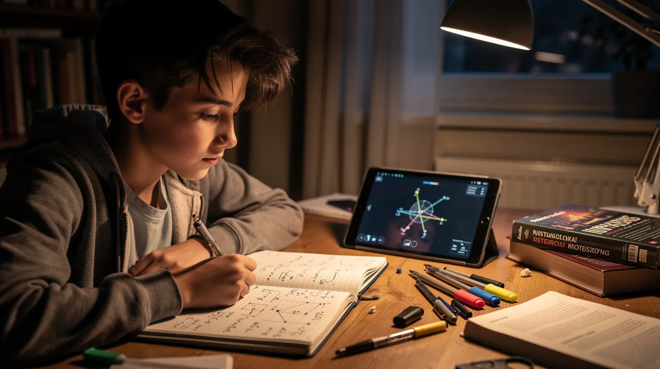 Na biurku nastolatka znajdują się notatki oraz tablet, na kt&oacute;rym uczy się o ładunkach elektrycznych i elektrostatyce, przygotowując się do sprawdzianu z fizyki w klasie 8. W tle słychać dźwięki film&oacute;w na TikToku związanych z nauką, co dodaje energii do nauki.