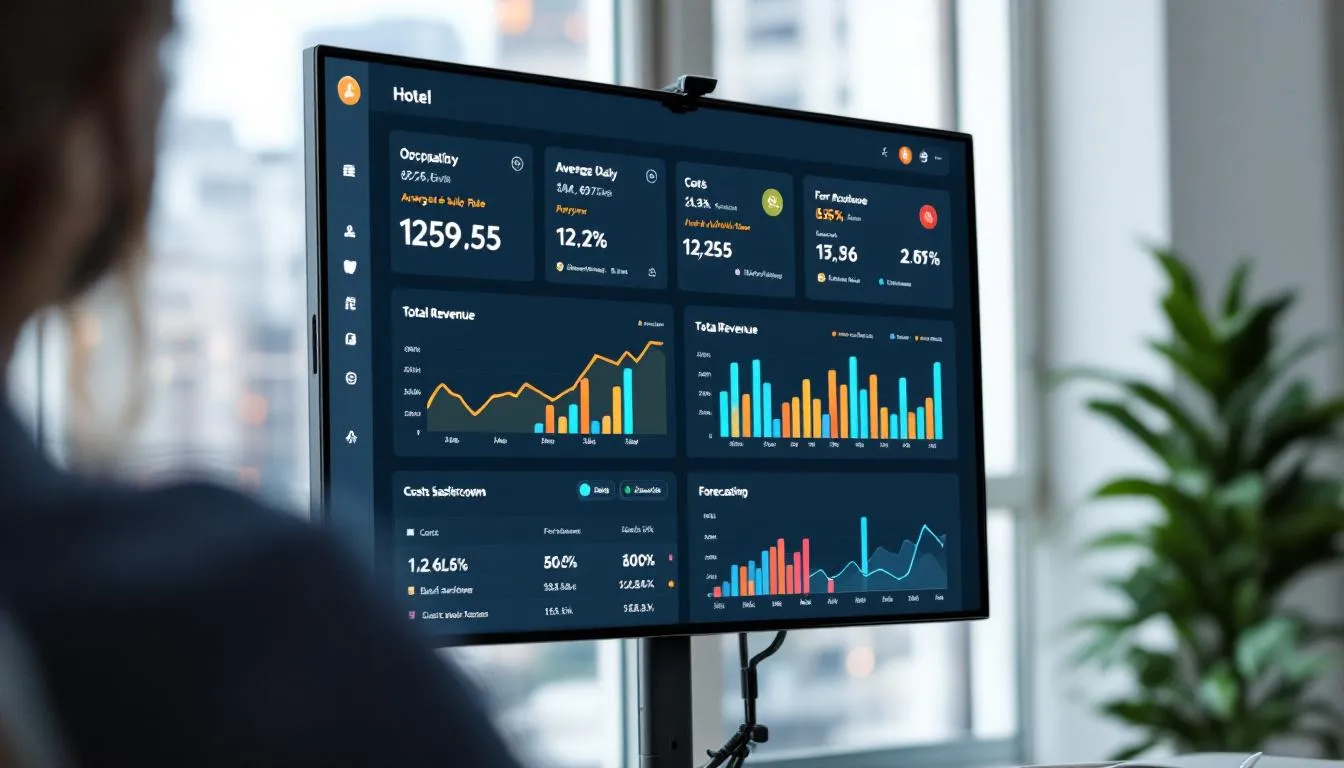 The image depicts a hotel financial dashboard showcasing key performance metrics, including total revenue, net operating profit, and operating expenses, which are essential for revenue management and assessing the hotel's financial health. Various graphs and charts illustrate profit margins, cash flow, and operational efficiency, providing a comprehensive overview of the hotel's profitability and business performance.