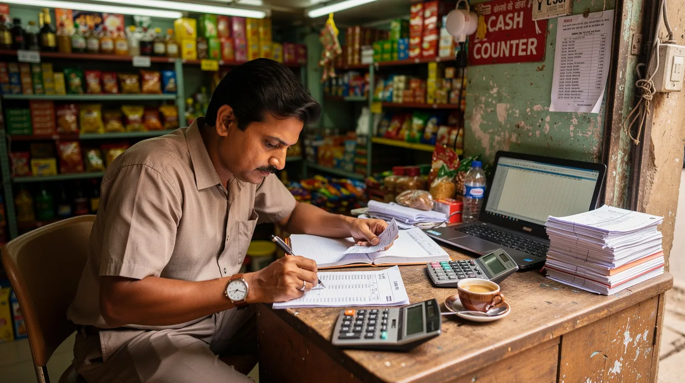 0cf06687 aae5 4874 903b ab0cfad066ad A small business owner is seated at a desk in an Indian shop, carefully reviewing financial documents, including bank statements and a business plan, to assess their repayment capacity for previous loans. The scene reflects the importance of financial assistance from lending institutions, such as small finance banks, in supporting micro and small enterprises.