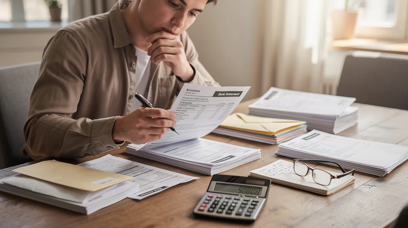0cf0eaf7 814e 4188 afbb caa283dd8bda The image shows a person sitting at a table, carefully reviewing printed bank statements and financial records, with a calculator placed nearby. This scene highlights the importance of thorough documentation, such as bank statements and business plans, in the mudra loan application process for small business owners seeking financing.