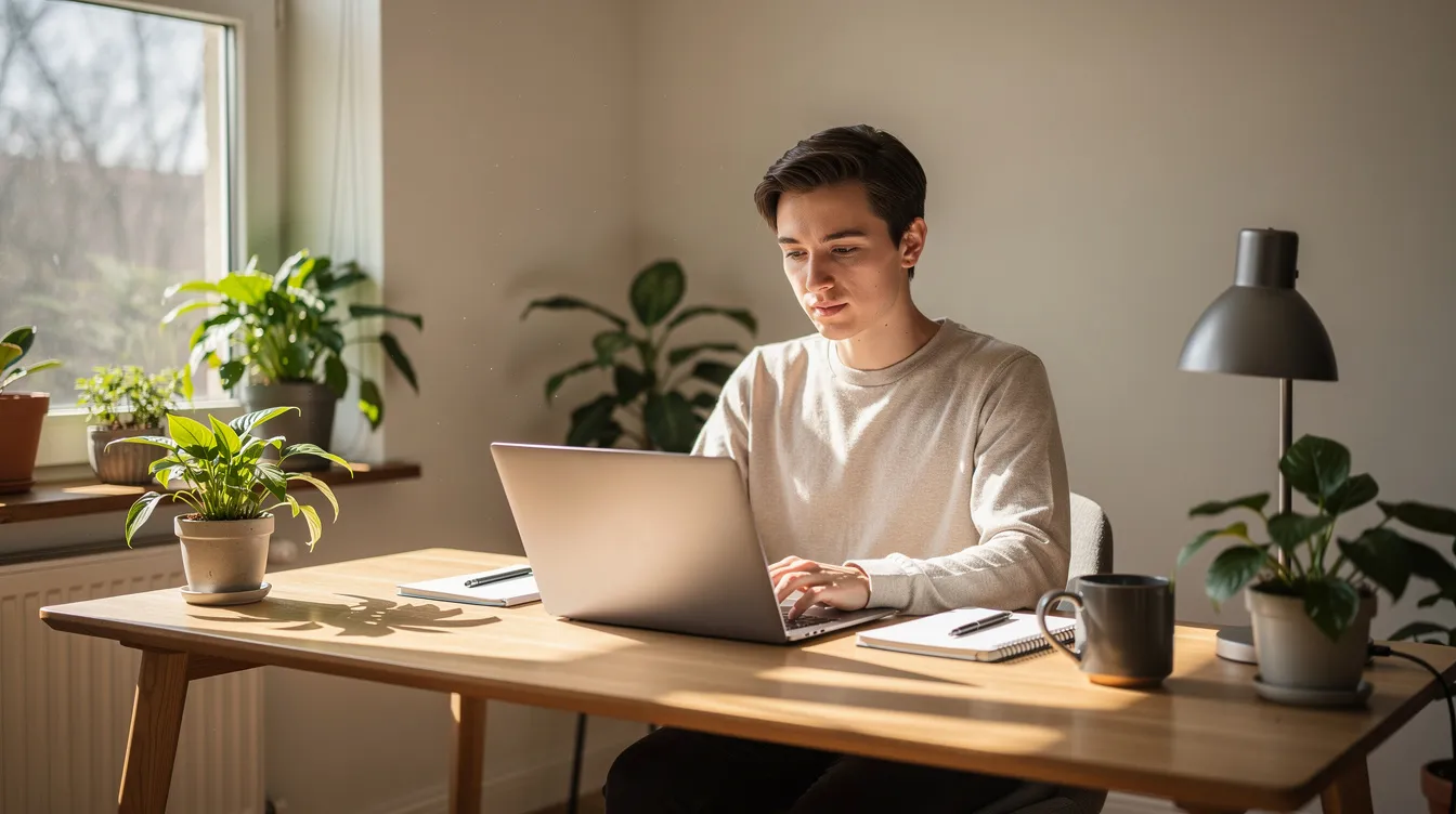 0cf47741 e769 4185 93fb 708cff425394 A person is seated at a home desk, working intently on a laptop surrounded by green plants, with natural light streaming in. This serene workspace reflects the potential for online business opportunities, showcasing a modern approach to digital marketing and content creation.