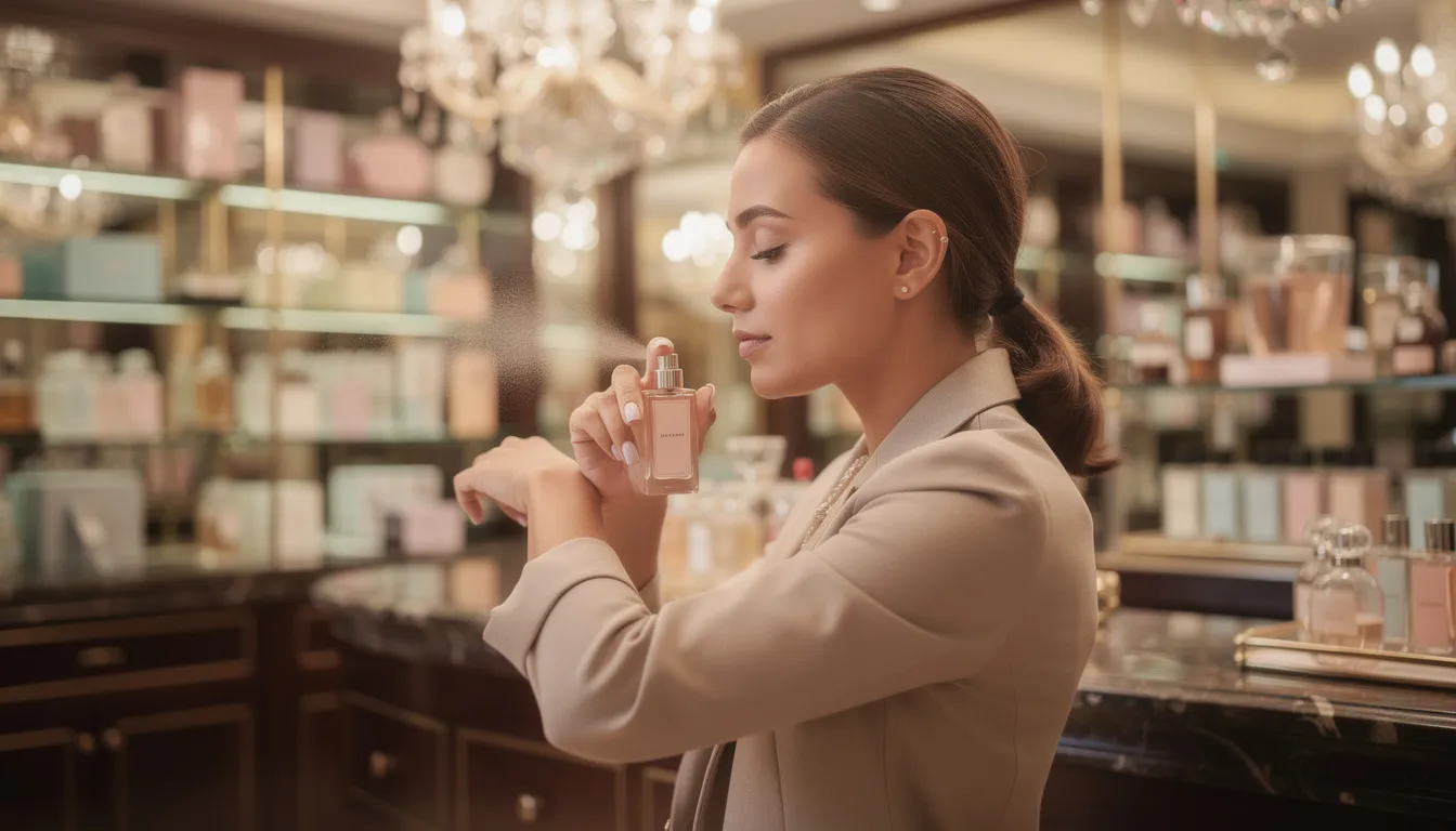 Na zdjęciu widoczna jest osoba testująca perfumy na nadgarstku w eleganckiej perfumerii, otoczona półkami pełnymi różnych zapachów. W powietrzu unosi się aromat nut kwiatowych, a w tle można dostrzec stylowe dekoracje, które nadają miejscu wyjątkowy klimat.