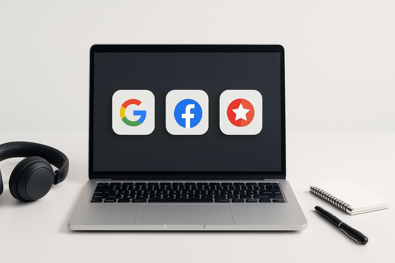 Minimalist professional workspace featuring a laptop, headphones, and notebook, symbolizing strategic selection of review platforms, presented on a clean white background with refined soft lighting.
