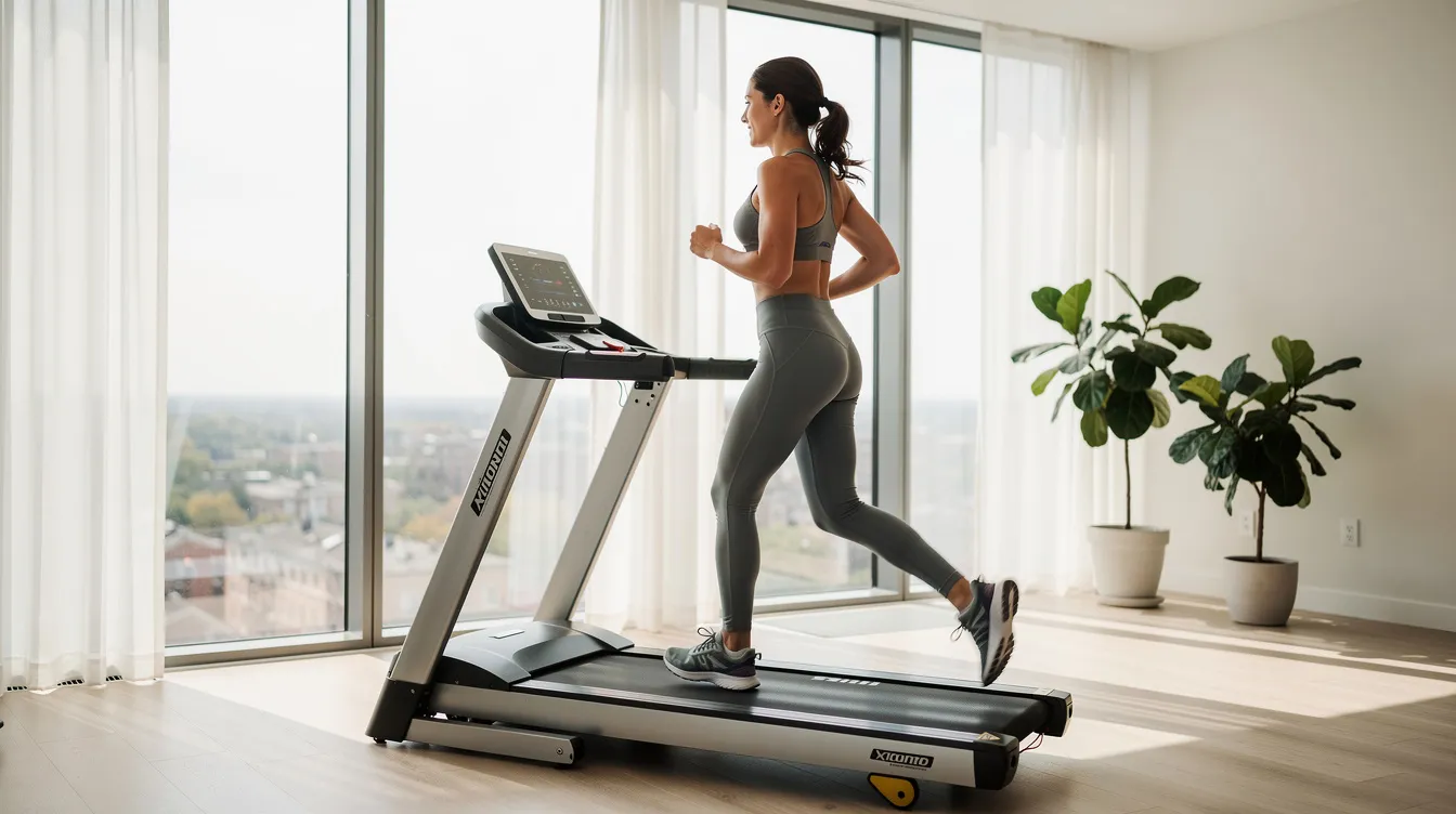 A person is jogging on a treadmill in a bright home setting, engaging in a full body workout that promotes cardiovascular fitness and calorie burning. This weight loss machine is an effective tool for those aiming to lose weight and enhance muscle strength.