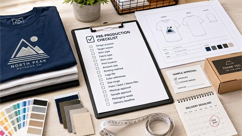 Pre-production checklist with sample approval and delivery timeline for custom T-shirt orders.