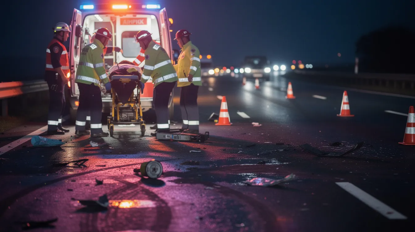 Emergency medical responders are attending to an accident scene on a highway, surrounded by orange traffic cones that indicate a construction zone. The image highlights the urgency of medical attention in the aftermath of a car accident, which could involve construction zone crashes and the need for workers compensation claims.