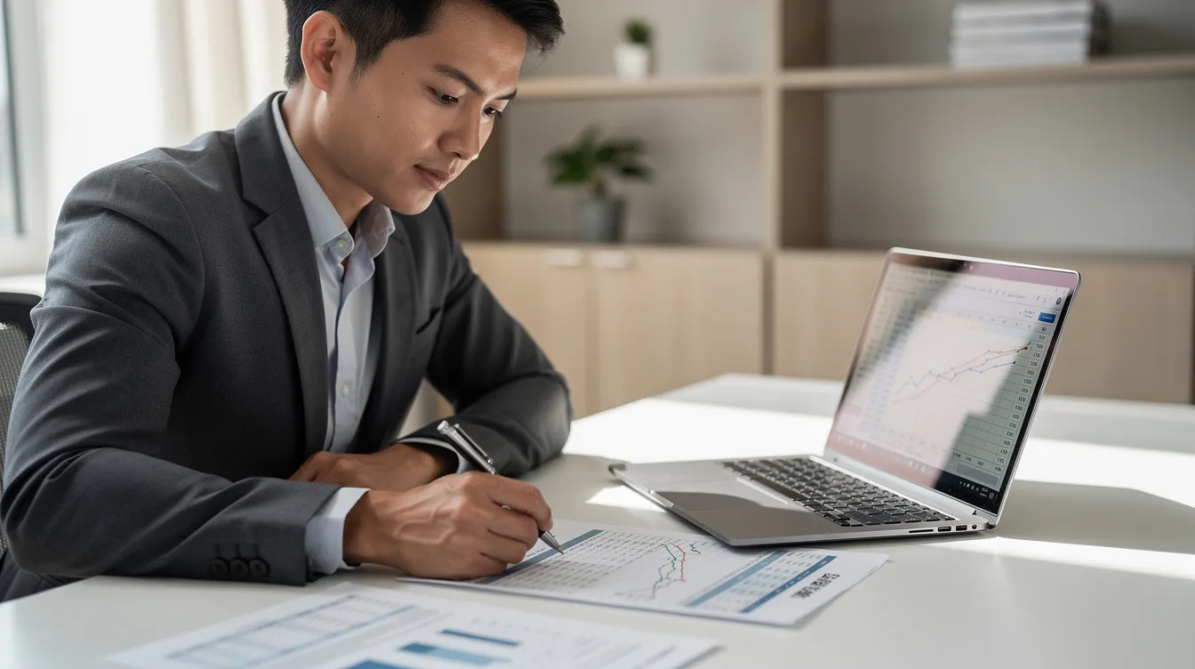 The image depicts a person seated at a desk, meticulously reviewing financial paperwork alongside a laptop, suggesting they are assessing their home equity loan options, including refinancing a HELOC or considering cash out refinance for home improvements. The scene conveys a focus on financial health and planning for monthly payments and potential debt consolidation.