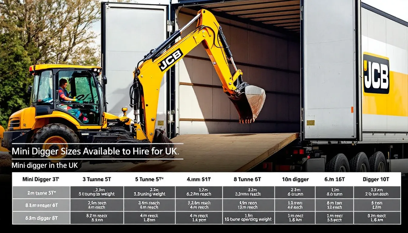 A mini digger being loaded onto a truck for hire.