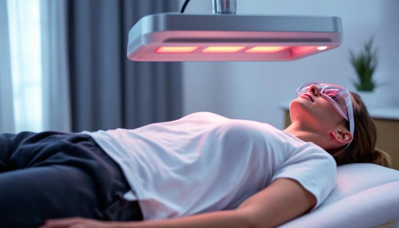 A person wearing protective eyewear is using a red light therapy device aimed at their knee, which is intended for knee pain relief and reducing inflammation. The device emits powerful infrared light to aid in joint recovery and alleviate discomfort associated with chronic knee pain.