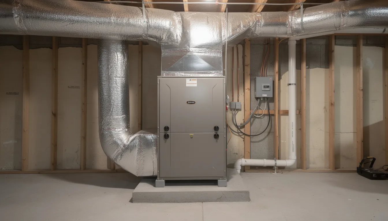 How to Clean Mitsubishi Heat Pump Filters 4 The image depicts a ducted HVAC air handler unit installed in a basement utility room, featuring a front panel that can be opened for maintenance. Regular cleaning of air filters is essential for optimal performance, as it helps reduce dirt and other airborne particles, ensuring efficient airflow throughout the system.