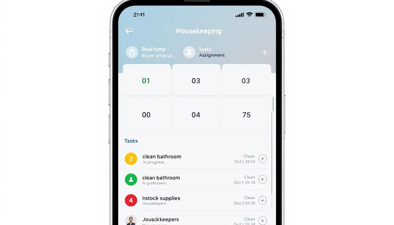 The image depicts a mobile housekeeping app interface showcasing real-time updates on room status and task assignments for hotel housekeeping staff. This app enhances hotel operations by enabling the housekeeping team to efficiently monitor cleanliness, manage room cleaning tasks, and improve guest satisfaction.