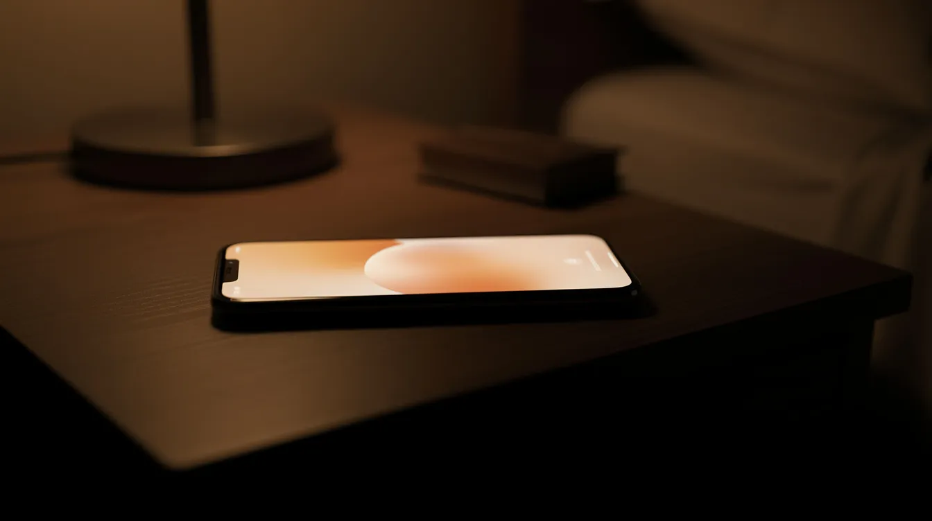 Ein iPhone liegt auf einem Nachttisch und strahlt mit einem warmen, sanften Licht in einem dunklen Schlafzimmer. Die Anzeige zeigt möglicherweise Fotos oder die Kamera-App, während die Umgebung von der Dunkelheit umgeben ist.