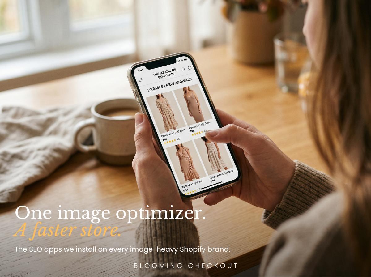 Woman browsing a fashion boutique Shopify store on her phone at a sunlit wooden table, showing the best SEO app for Shopify loading product images fast.