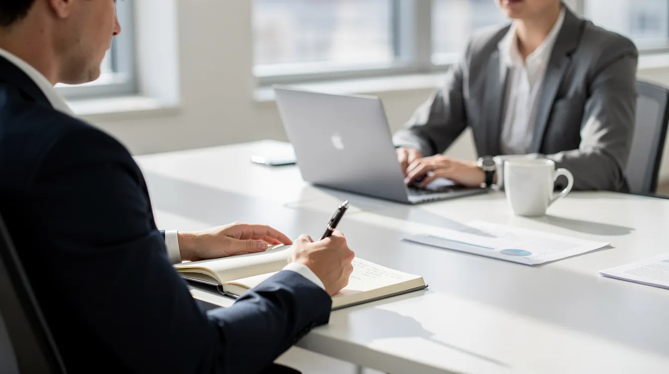 Une personne prend des notes dans un carnet tout en discutant avec un interlocuteur dans un bureau lumineux, illustrant l'importance de la préparation et du suivi dans une transaction immobilière. Cette scène met en avant la nécessité pour les vendeurs d'éviter les erreurs courantes lors des rendez-vous avec des clients potentiels.