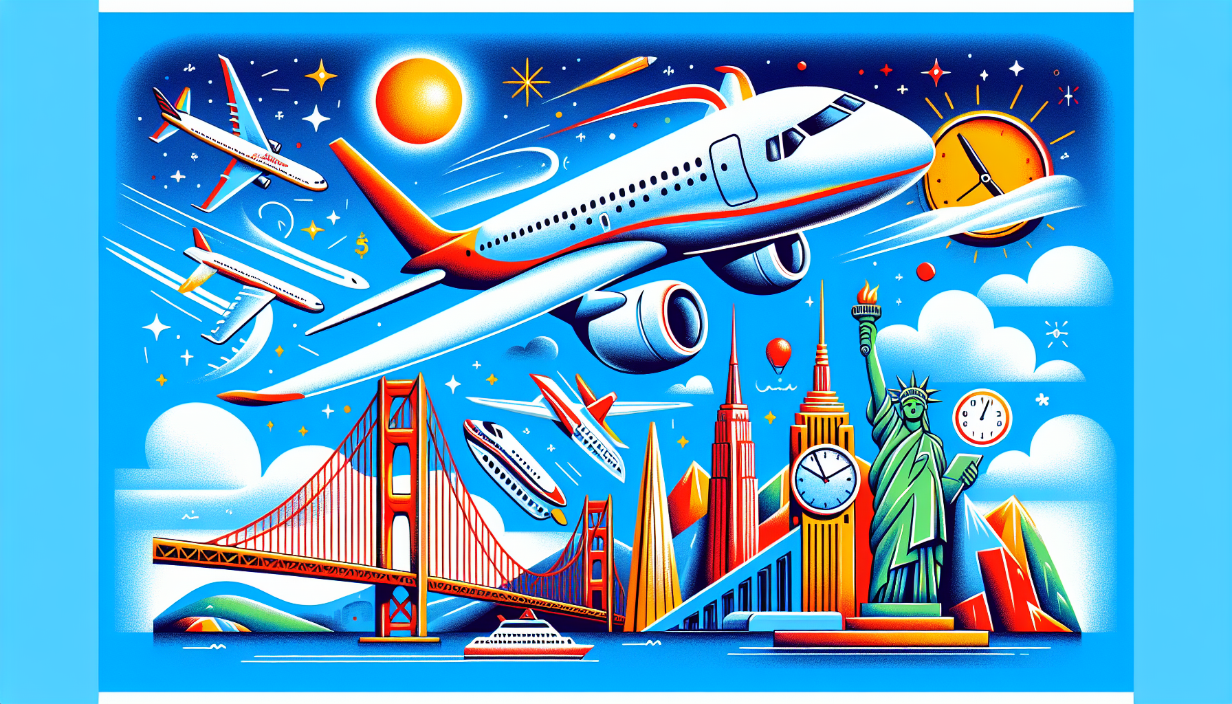 Illustration depicting the non-stop flight duration from San Francisco to New York.