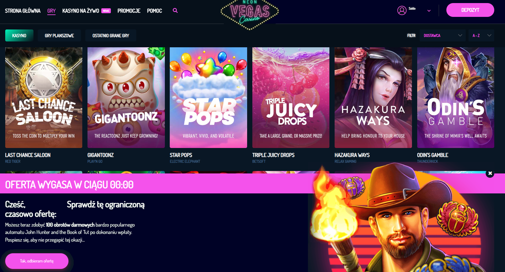 Neon Vegas Casino: pop -up promocji dla nowych graczy