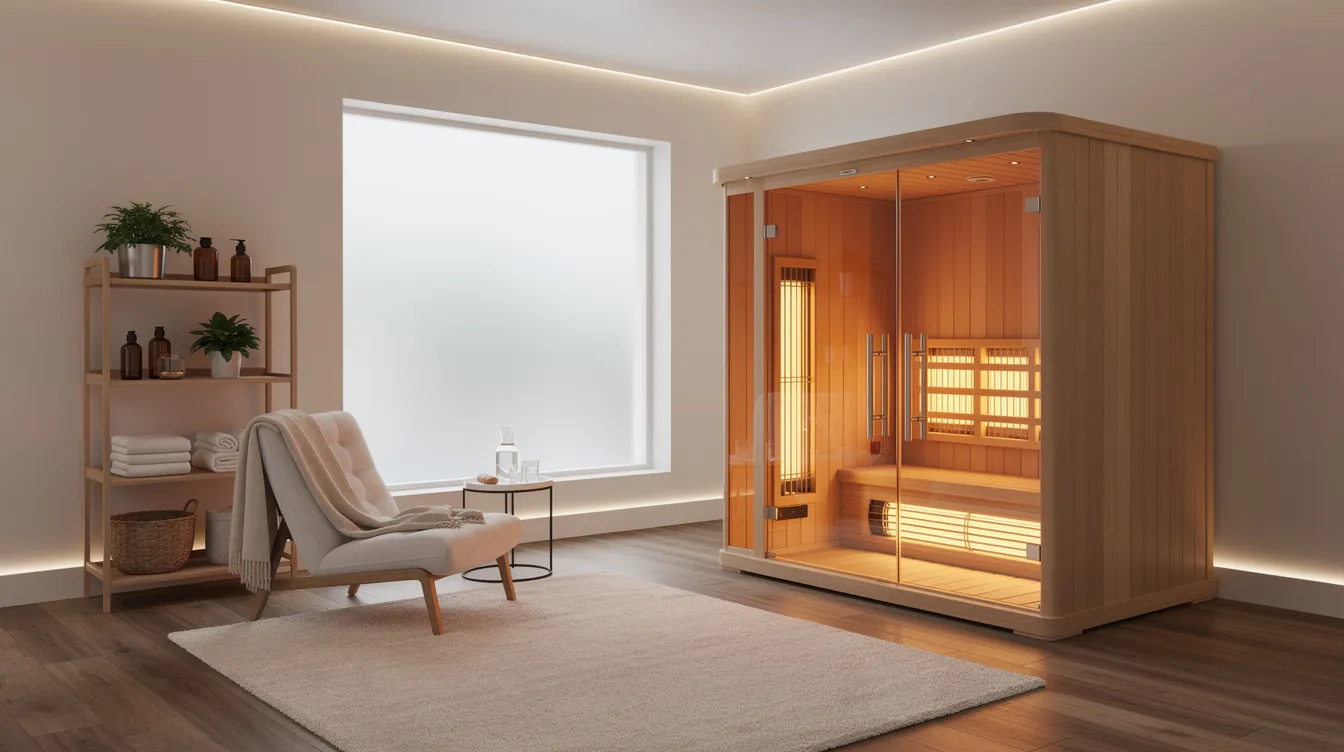 A modern infrared sauna is elegantly installed in a clean residential wellness room, showcasing the benefits of infrared sauna therapy for relaxation and muscle recovery. This inviting space emphasizes the health advantages of sauna bathing, including improved blood circulation and detoxification at lower temperatures.