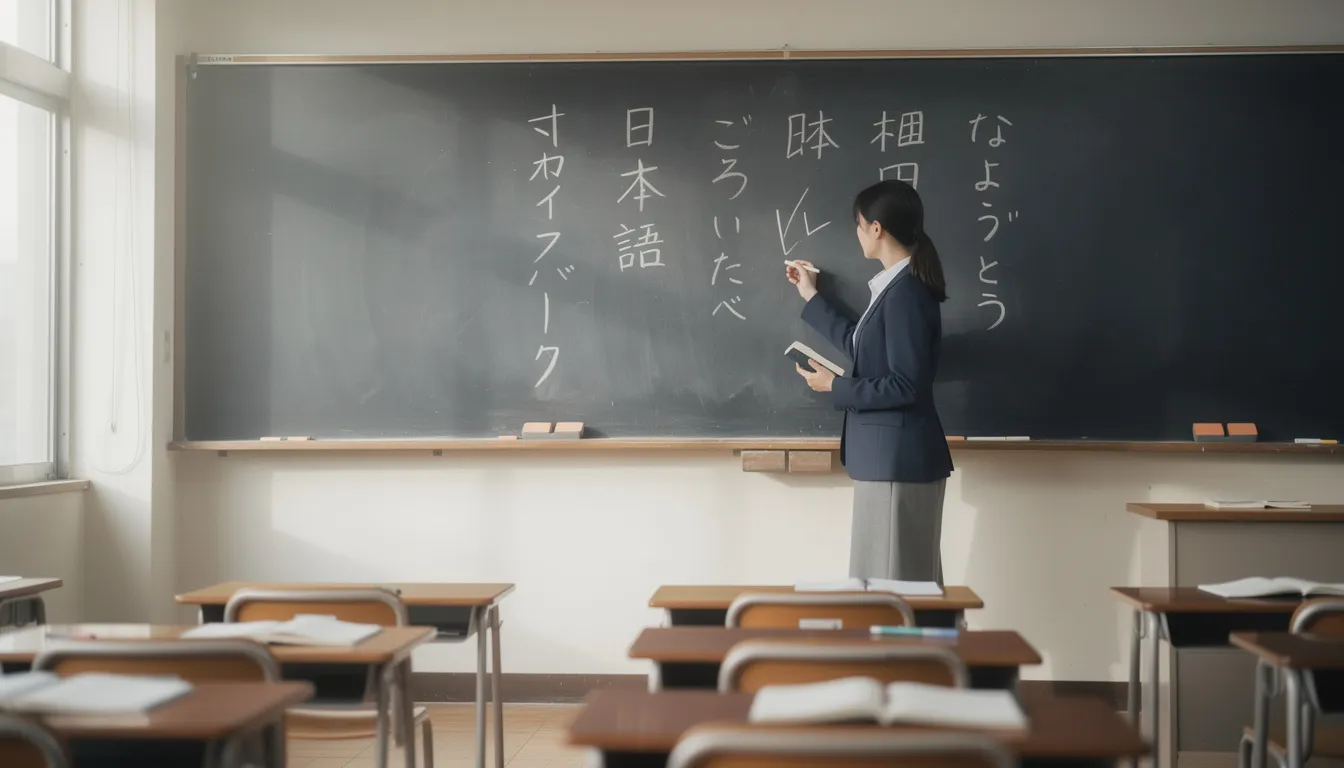 A Japanese teacher stands at the front of a classroom, writing characters on a blackboard while explaining vocabulary and translations to the students. The teacher demonstrates the correct way to form words, emphasizing common mistakes in Japanese language learning.