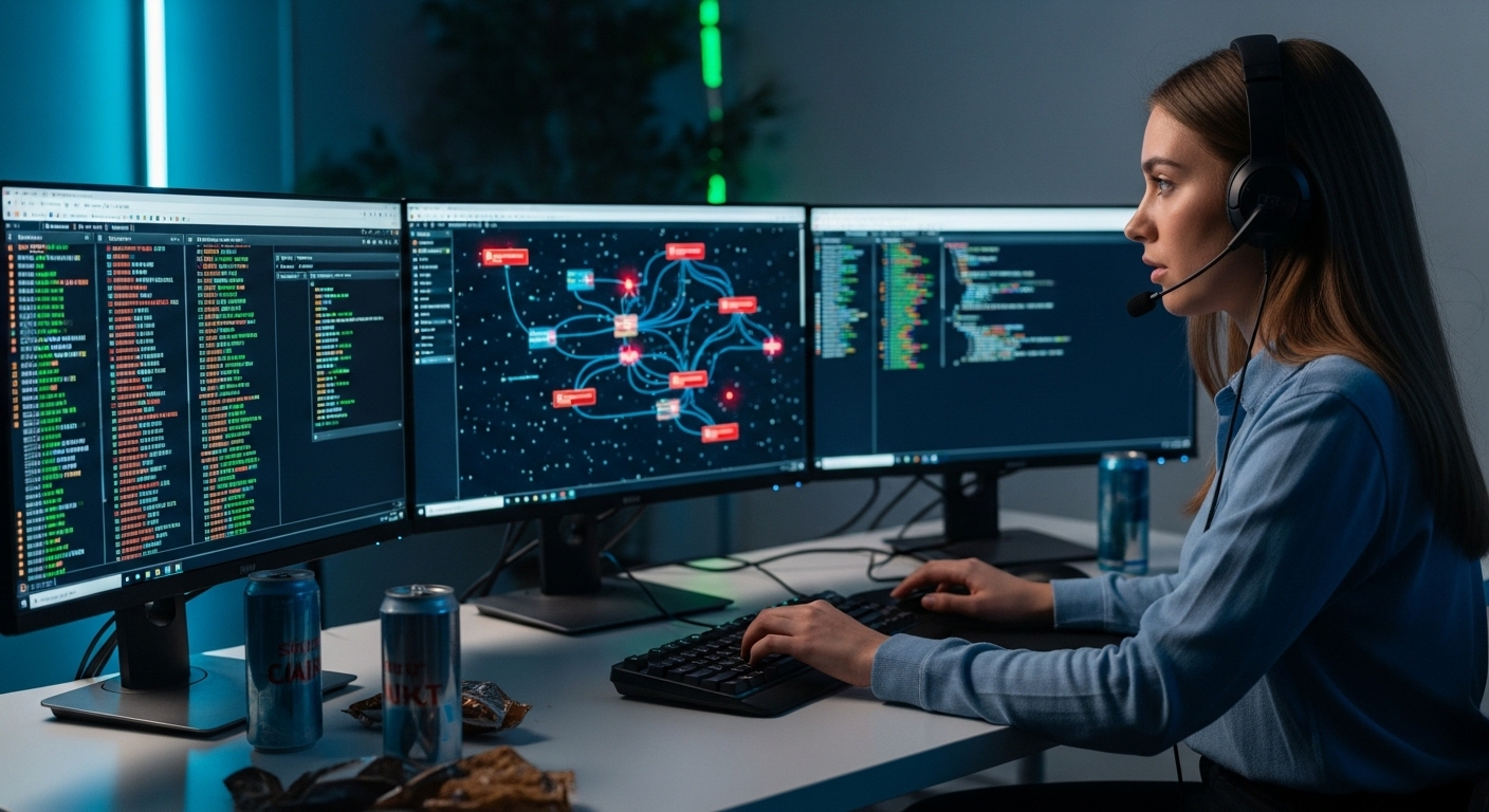 Cybersecurity trainee responding to a simulated cyber attack in a virtual lab with real-time threat alerts and system logs.