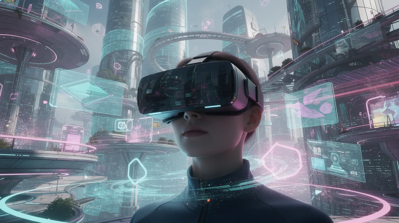 Eine Person trägt eine VR-Brille und befindet sich in einer bunten, futuristischen virtuellen Umgebung mit beeindruckender Architektur. Diese Szene zeigt die Verschmelzung von Technologie und Unterhaltung, die den Nutzern ein einzigartiges Erlebnis bietet.
