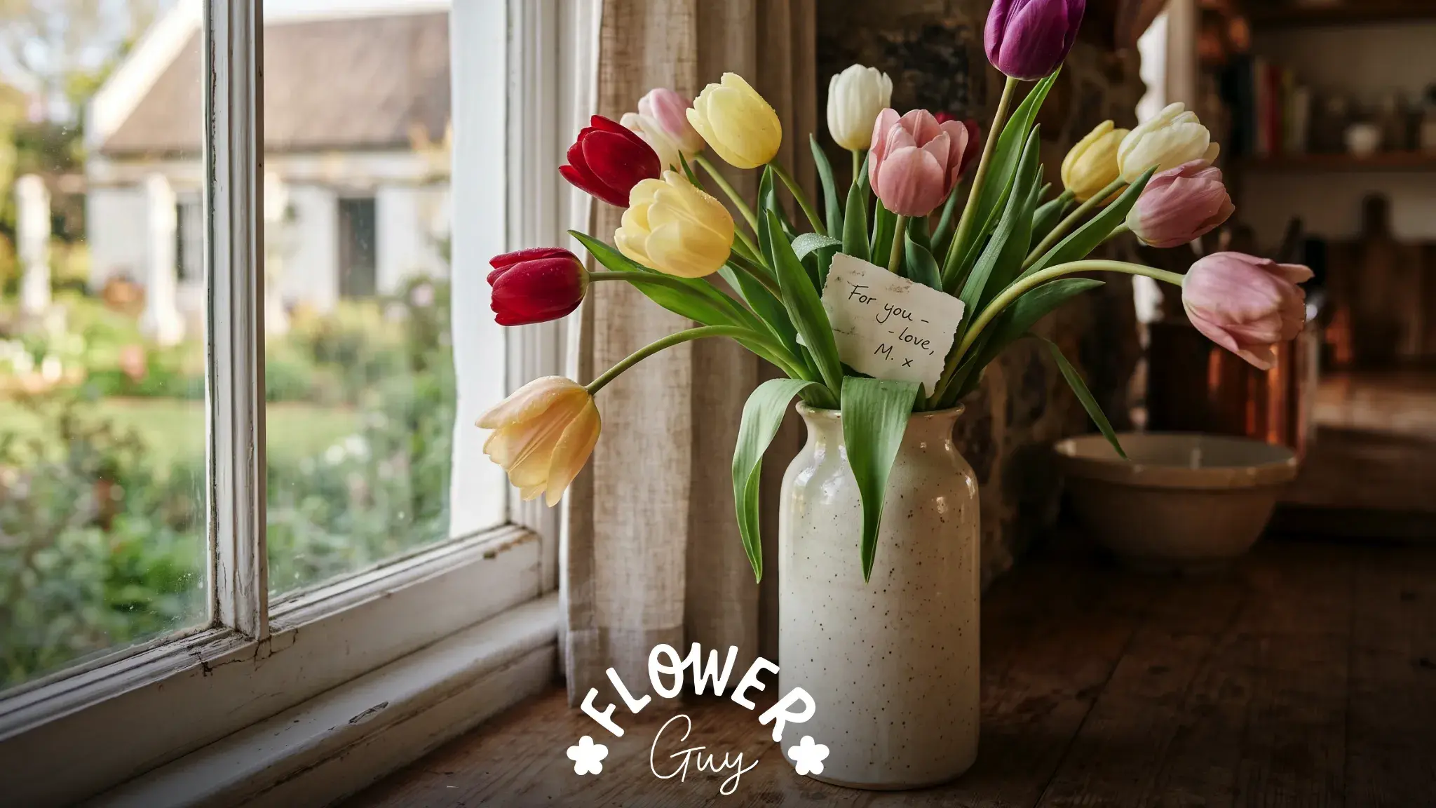 Mixed-colour tulip bouquet in a ceramic vase on a Cape Dutch farmhouse windowsill at dawn