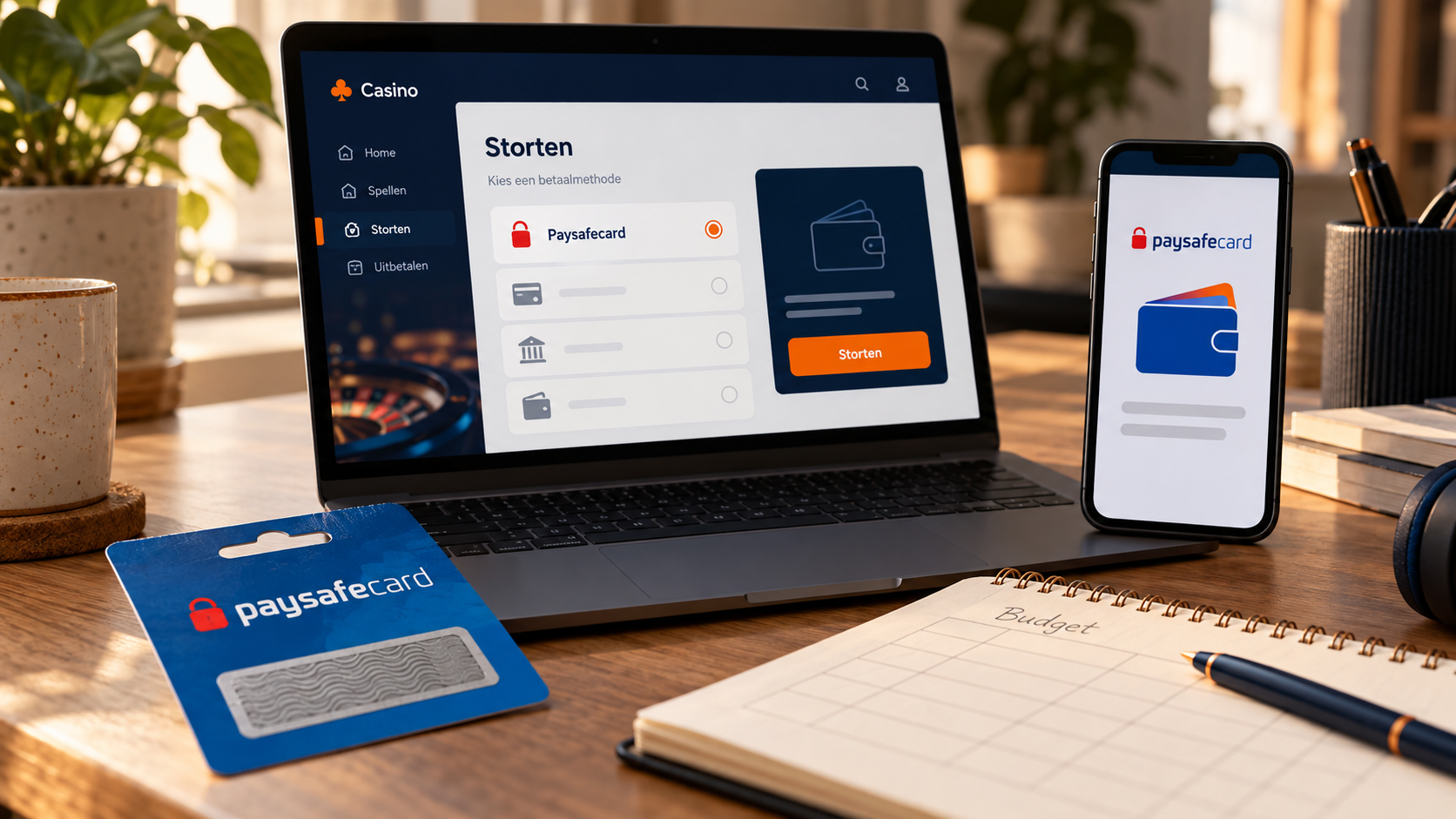 Laptop met Paysafecard als gekozen betaalmethode, naast een voucher, telefoon en budgetboekje.