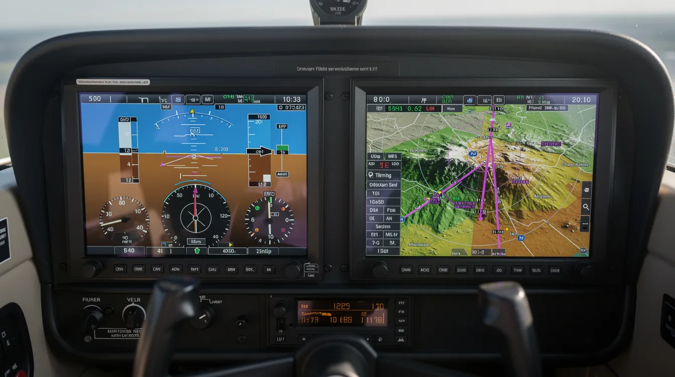 The image depicts a modern glass cockpit display in a light aircraft, showcasing various flight instruments such as an airspeed indicator, altitude reporting equipment, and a digital moving map. This cockpit is equipped for IFR flight, featuring essential navigation equipment and instruments that meet federal aviation administration regulations, ensuring safe operation in controlled airspace.