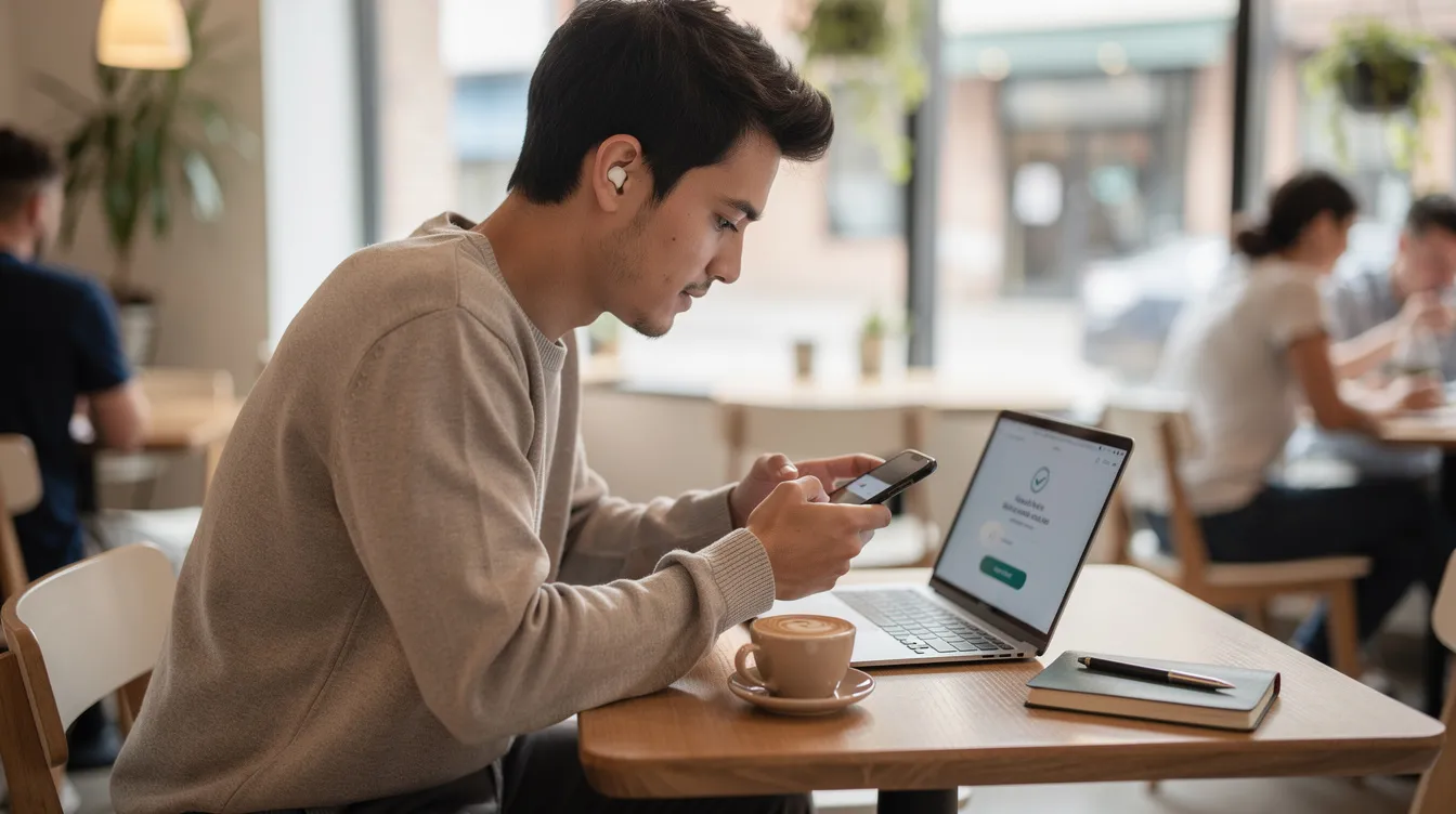 A young professional is seated in a modern cafe, focused on completing a mobile payment on their smartphone. This scene highlights the growing trend of digital transactions, reflecting the innovation in financial services that supports customers in managing their money efficiently.
